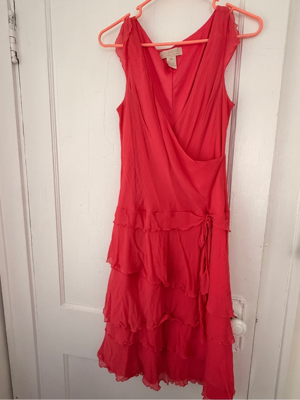 jonathan martin Coral-Red Tiered Wrap Midi Dress